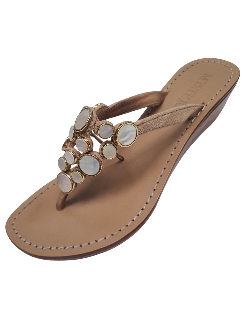 MYSTIQUE BOUTIQUE Wedge Thong Neutral And Pearl Button Low Heel Sandal 10